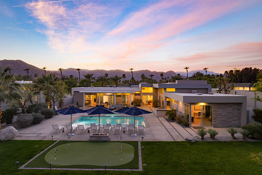 Luxury Polo Villas Nova in Coachella Valley featuring modern 11-bedroom villas, a pool, outdoor seating, and scenic mountain views.