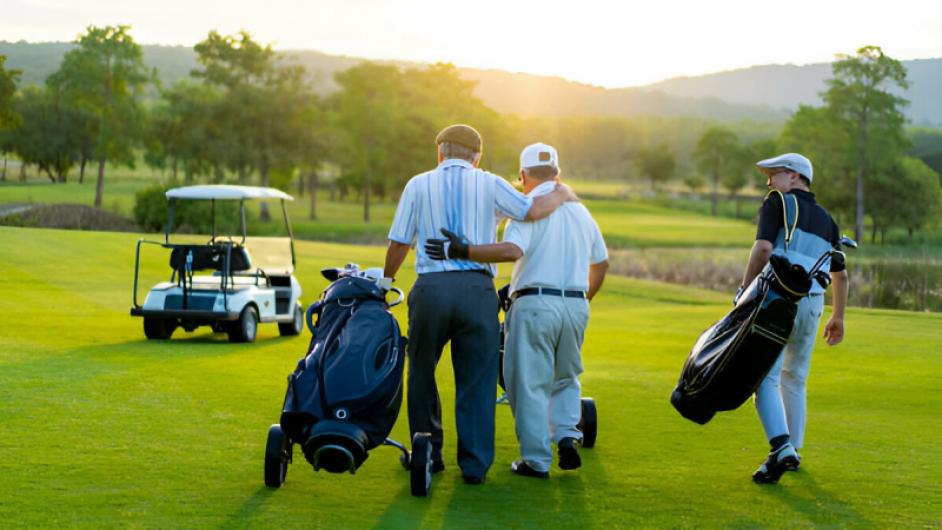 Three male golfers walking on a golf course with golf bags, a golf cart in the background, lush green landscape, and sunset lighting.
