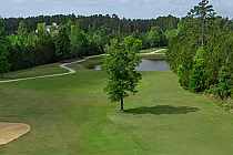 Scenic golf course at Colonial Charters in Myrtle Beach with lush green fairways, trees, a pond, and a winding path.