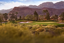 Scenic view of Arroyo Golf Club at Red Rock in Summerlin, Las Vegas, featuring lush green fairways, palm trees, and mountains.