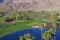 A scenic golf course with lush green fairways, palm trees, water hazards, and desert mountains in the background.