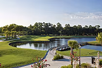 Scenic view of Heron Point golf course by Pete Dye at Sea Pines Resort, featuring a water hazard, lush green fairways, and trees.