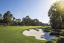 Beautiful golf course with lush green fairways, sand bunkers, and tall trees under a clear blue sky, redesigned by Davis Love III.
