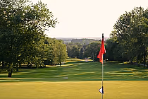 Scenic view of Westview Golf Club's lush green fairway with trees and a red flag on the putting green.