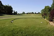 Scenic view of a golf course tee box at West Haven Golf & Country Club, surrounded by lush green trees and open fairways.