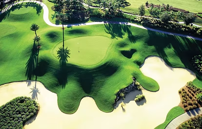 Aerial view of a lush, green golf course with sand bunkers and palm tree shadows under bright sunlight in Orlando, FL.
