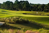 Lush green fairway and trees at PGA Wanamaker Course with a flag marking the hole, ideal for golf enthusiasts.