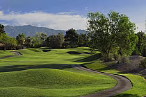 Lush green fairways of Painted Desert Golf Club, Las Vegas, with trees and distant mountains under a clear blue sky.