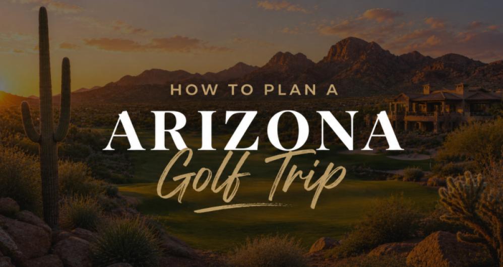 Scenic Arizona golf course at sunset with mountains, cactus, and clubhouse, ideal for planning a golf trip in Arizona.