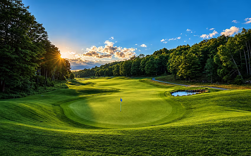 Lush golf course at Treetops Resort in Gaylord, Michigan, with a sunset, pond, and tree-lined fairways, offering a serene view.