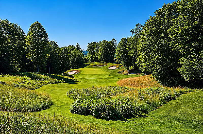 Scenic view of lush green golf course surrounded by trees under a clear blue sky at Treetops Resort, Gaylord, Michigan.