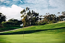 Lush green golf course at Goat Hill Park with distant trees under a bright blue sky and scattered white clouds.
