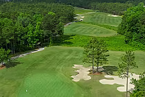 Lush golf course at Leopard's Chase, featuring manicured greens, sand bunkers, and surrounding trees.