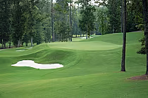 Lush green fairway at Timberline Golf Club with sand bunkers, surrounded by tall trees and a serene landscape.
