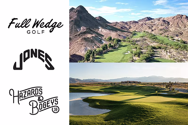 Scenic desert golf courses with mountains, lush greens, water hazards, and clear skies, part of the Ultimate Custom Vegas Golf Package.