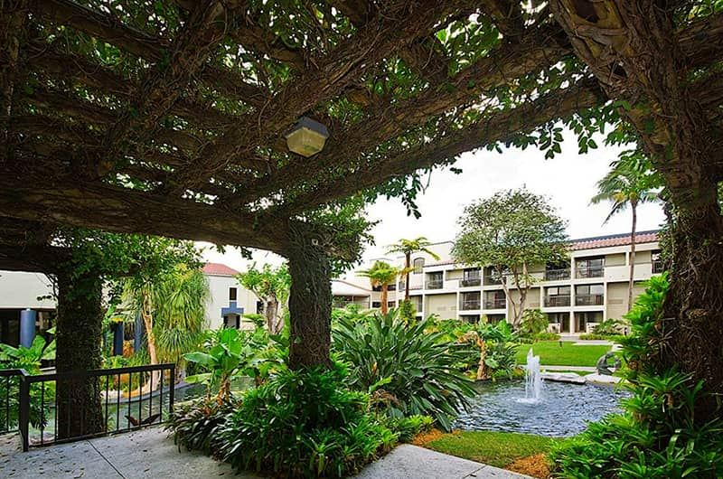 Lush tropical garden with a fountain, surrounded by greenery and modern hotel buildings at Miami Lakes Hotel.