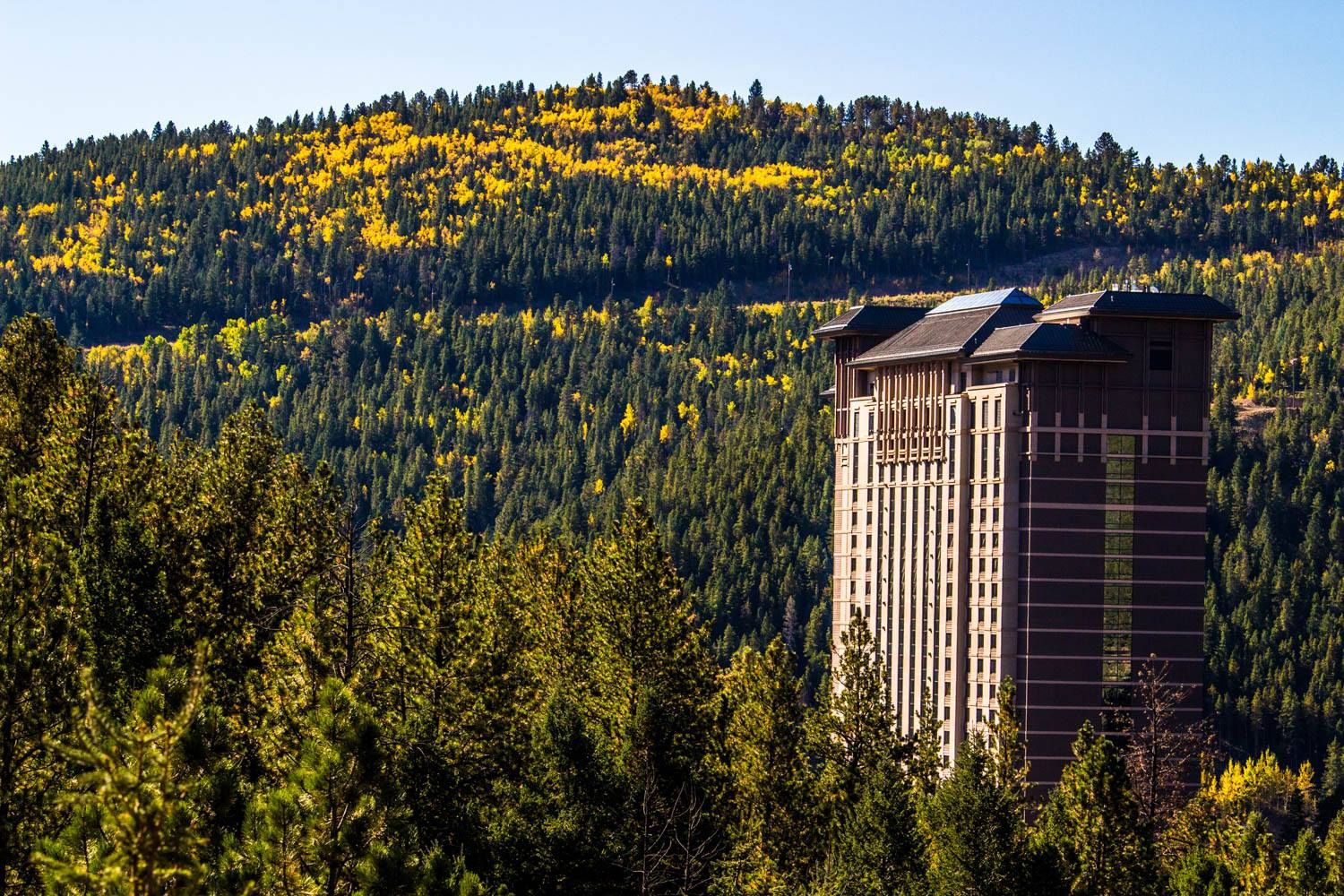 Tall hotel building surrounded by lush green forest with a mountain in the background, under a clear blue sky.