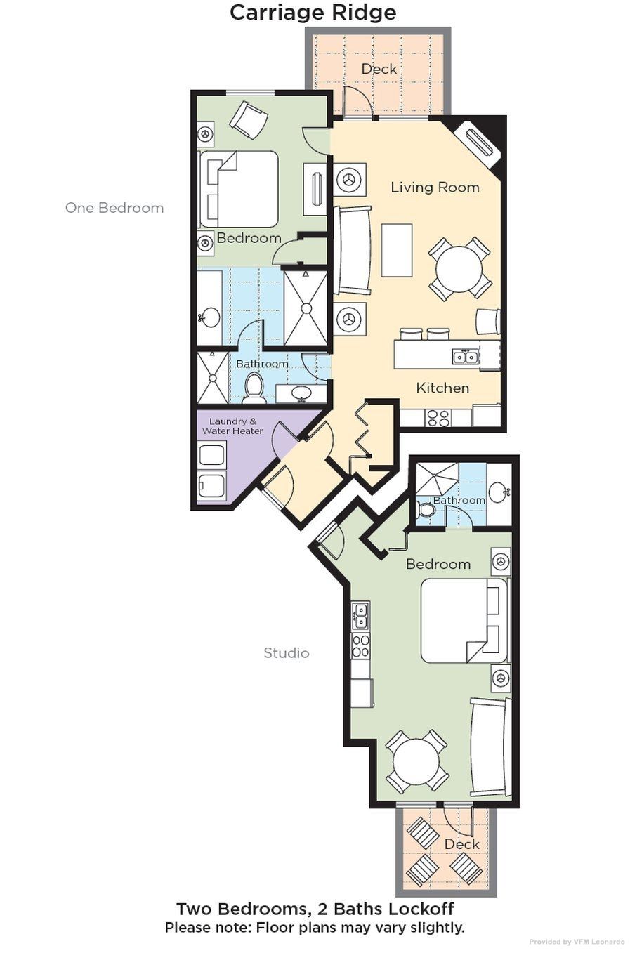 Carriage Ridge Resort Floor plan of a deluxe resort apartment at Carriage Ridge Resort in Ontario's Horseshoe Valley, featuring bedrooms, bathrooms, kitchen, and studio area.