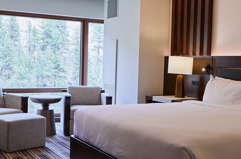 Luxurious hotel room with a large bed, modern lamp, seating area with chairs and a window overlooking trees and nature.