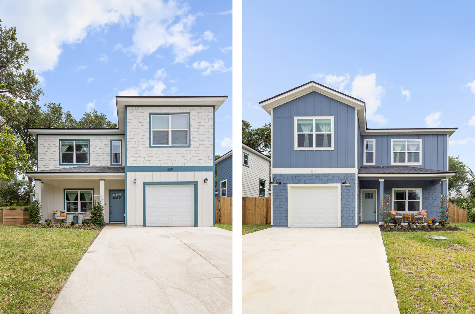 Side-by-side images of two modern, colorful vacation homes in St. Augustine, featuring well-maintained lawns and blue skies.