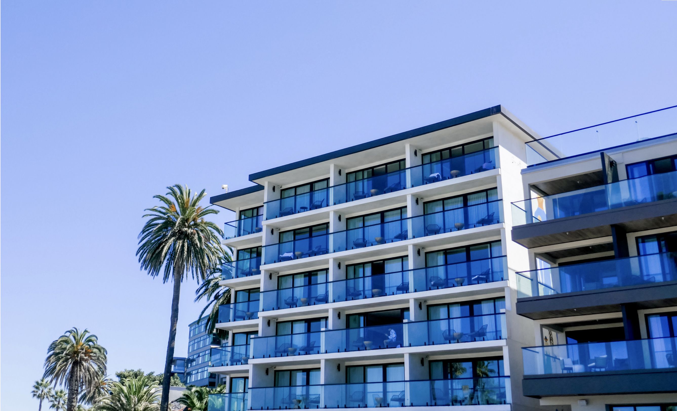 Modern beachfront hotel with glass balconies overlooking the ocean, surrounded by tall palm trees in La Jolla, California.