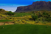 Scenic view of Dinosaur Mountain golf course in Arizona with lush green fairways, desert plants, and rugged mountain backdrop.