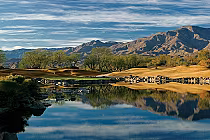 Scenic view of La Quinta's TPC Stadium golf course with mountains, trees, and a reflective water feature under a blue sky.