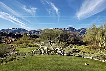 Scenic view of La Paloma Country Club golf course with lush green fairway, desert plants, and mountains under a blue sky.
