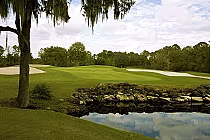 Scenic view of a lush golf course with sand traps, a small pond, and trees, part of Mission Inn Las Colinas in Florida.