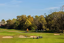 Golfers playing on a lush green golf course with sand bunkers, surrounded by trees and a clear blue sky at Westchase Golf Club, Tampa.