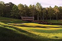 Beautiful view of the renovated Magnolia Grove Crossings golf course with lush green fairways, trees, and a small bridge in the background.
