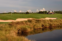 A scenic golf course with green fairways, sand bunkers, a flag, and a clubhouse in the background, surrounded by water and tall grass.