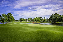 Scenic view of Cypress Bend golf course at Craft Farms with lush green grass, trees, water hazards, and a blue sky with clouds.