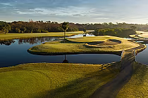 Scenic view of the Island Course at Innisbrook Golf Club with water hazards, lush greens, and a bridge over a pond, part of the PGA TOUR.