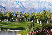 Golf course with palm trees, sand bunkers, and a water hazard, set against a backdrop of snow-capped mountains.