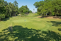 A scenic golf course green with a flag, surrounded by trees and shadows, at Glen Dornoch in Myrtle Beach.