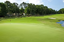 A lush golf course with a putting green, sand trap, water hazard, surrounded by trees and residential homes at Legends Oyster Bay.