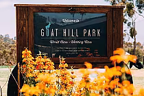 Welcome to Goat Hill Park, a scenic golf course with ocean views, featuring a wooden sign surrounded by vibrant orange flowers.