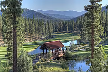 Scenic view of a golf course at Grizzly Ranch Golf Club in California, featuring a wooden bridge over a pond, surrounded by tall pine trees and mountains.