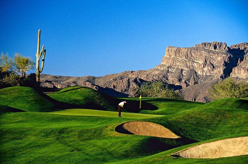A golfer on a lush green golf course with desert mountains and a cactus in the background under a clear blue sky.