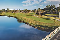 Scenic golf course at Osprey Point on Kiawah Island with lush green fairways, palm trees, water hazards, and a wooden bridge.